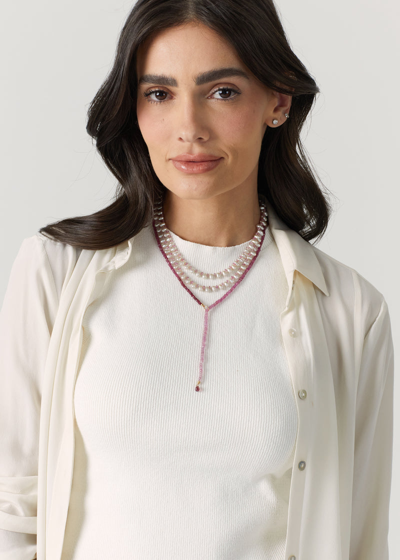 Necklace with Natural Pearls Interspersed with Faceted Pink Sapphire