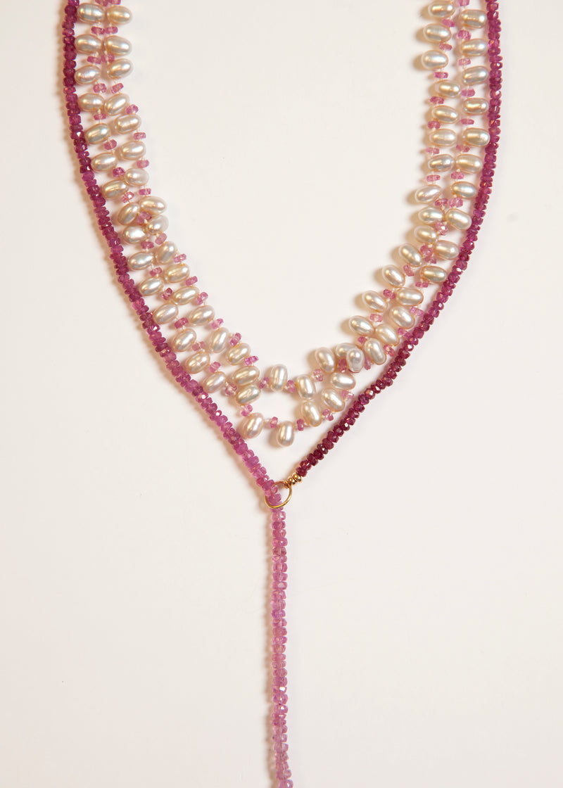 Necklace with Natural Pearls Interspersed with Faceted Pink Sapphire